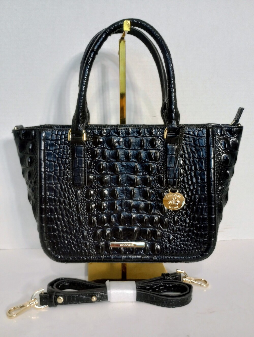 NEW Brahmin Small Ashlee Black Melbourne Croc Embossed Leather Crossbody Satchel - Picture 2 of 14